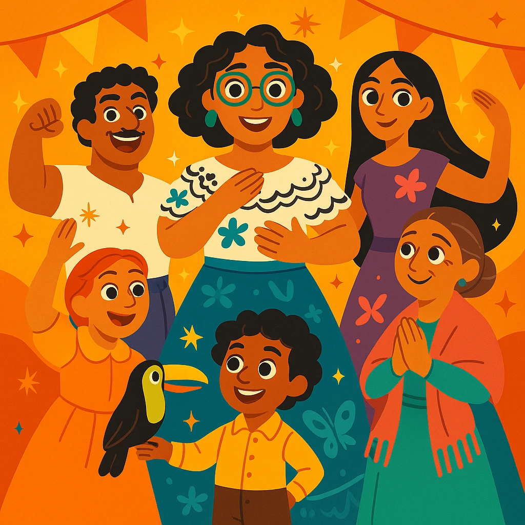Edit the Madrigal family illustration to remove Bruno, keep all other characters, whimsical style, magical sparkles, festive atmosphere, no Bruno. emoji