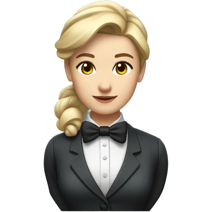 a caucasian female butler with a professional and elegant demeanor. She has her hair neatly tied in a ponytail and wears a classic butler uniform, including a tailored vest, crisp white shirt, and bow tie. emoji