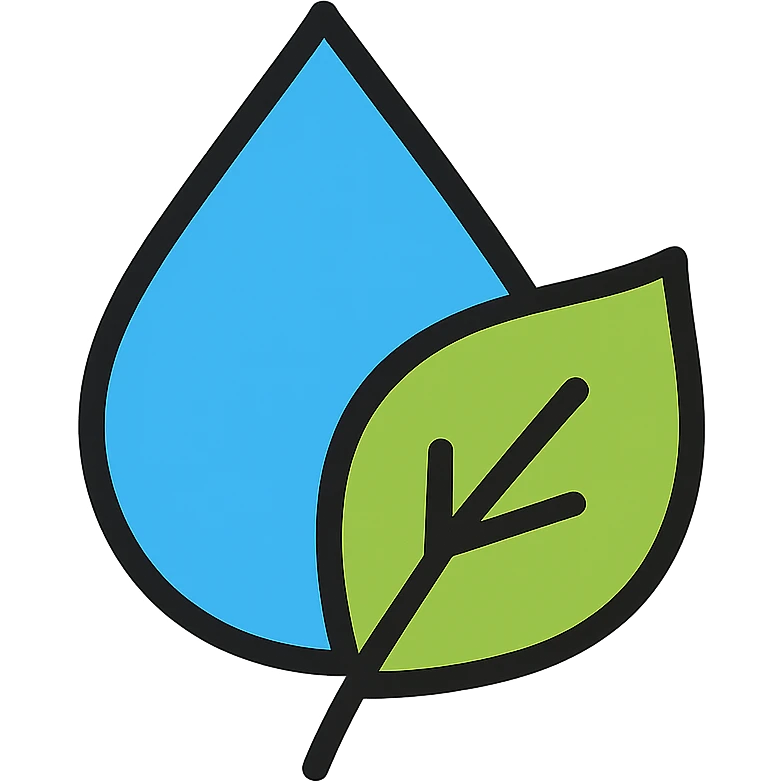 water droplet and a leaf merged together, outlined in black with color fills, crisp icon style emoji