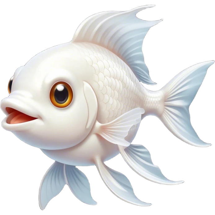 Cinematic Comical White Goldfish Portrait Emoji, Head tilted dramatically with an exaggeratedly amused expression, featuring a striking, glossy pure white body with elegantly fluttering fins, wide, expressive pale eyes filled with playful disbelief, Simplified yet hilariously expressive features, highly detailed, glowing with a slightly sassy glow, high shine, dramatic yet playful, stylized with an air of cheeky mischief, bright and endearing, soft glowing outline, capturing the essence of a spirited and over-the-top goldfish, so meme-worthy it feels like it could side-eye its way into internet fame instantly! emoji