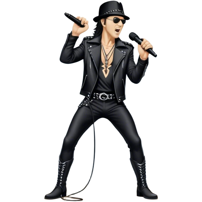 Icon for Rock Music: Klaus Meine holds a microphone stand in his hands performing with Scorpions on stage, with powerful stage presence. The vibe should capture the energetic and iconic sound of Scorpions, with vibrant lighting and a stadium atmosphere. Transparent background. emoji
