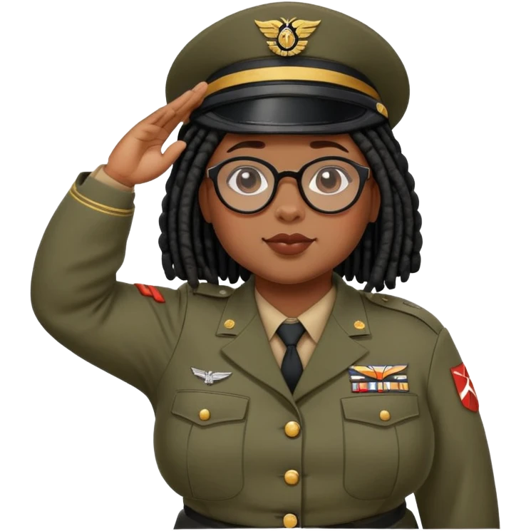 chubby black girl with pretty black shoulder-length locs and round glasses wearing a wwii soldier uniform and saluting emoji