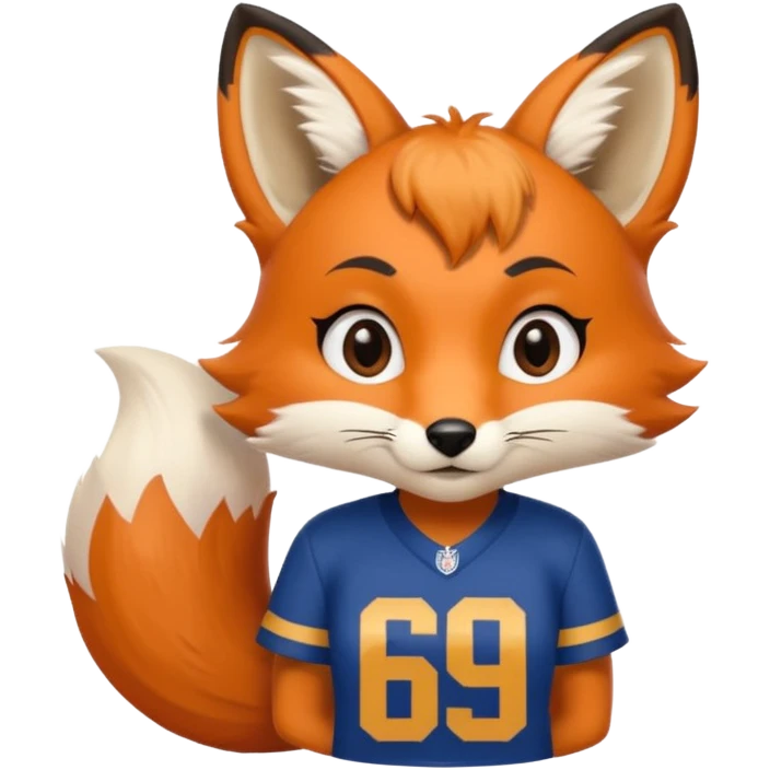 A cute girl fox with a bushy tail wearing a LA Rams shirt - with the number 69 on it emoji
