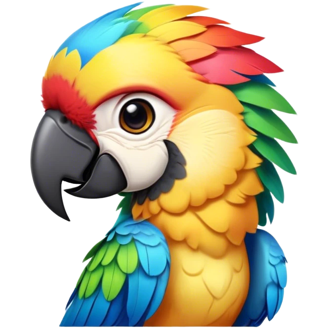 Cinematic Cute Macaw Portrait Emoji, Head tilted playfully and inquisitively, with a dazzling array of colorful plumage and round, sparkling eyes filled with charm, Simplified yet irresistibly adorable features, highly detailed, glowing with a warm, friendly tropical glow, high shine, affectionate and lively, stylized with a touch of whimsical vibrancy, bright and endearing, soft glowing outline, capturing the essence of a mischievous yet loving parrot that seems as if it could flutter out of the screen into your arms! emoji