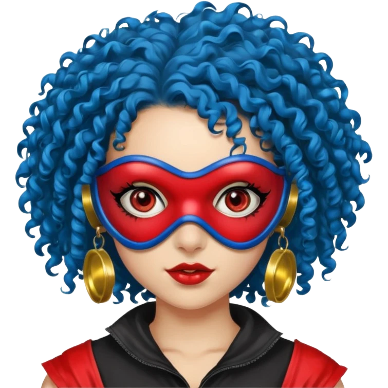 blue curly haired girl with huge earrings, wearing red paintball eye mask , only face  emoji