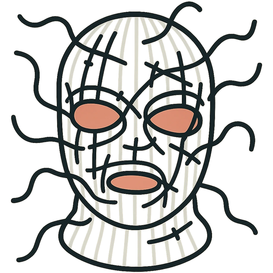 The mask is a full-head, white knitted balaclava with a tight ribbed texture. It features two asymmetrical eye openings and a partially exposed mouth area. Black thread is stitched across the surface in chaotic, abstract lines that trace facial features, giving a hand-drawn effect. Several black cords extend outward from the mask, varying in length and direction, adding a sculptural, almost organic appearance. The overall look is bold, handcrafted, and visually striking. emoji