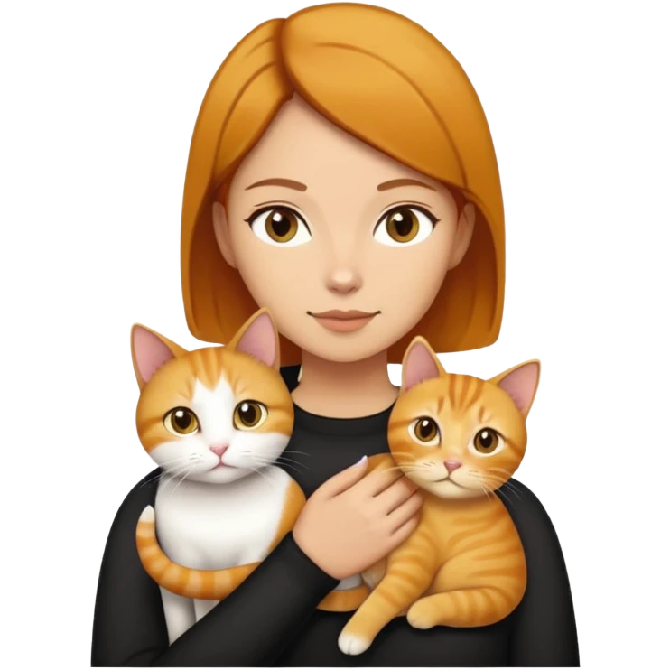 Straight short hair ear length in dark brown , skin tone honey . holding one ginger cat and one yellow white cat same size  emoji