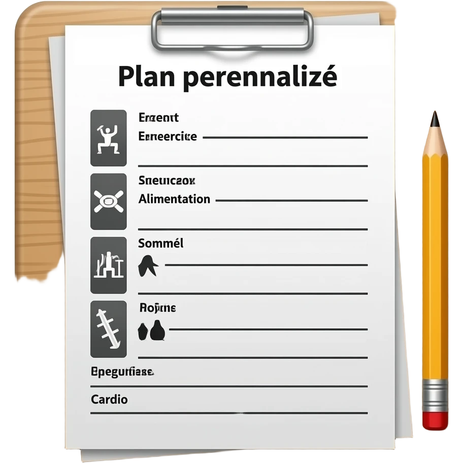 A gym workout plan, with a pencil in the corner and titled "Plan personnalisé" should clearly state the following: 
Exercice
Alimentation
Sommeil
Poids
Cardio emoji