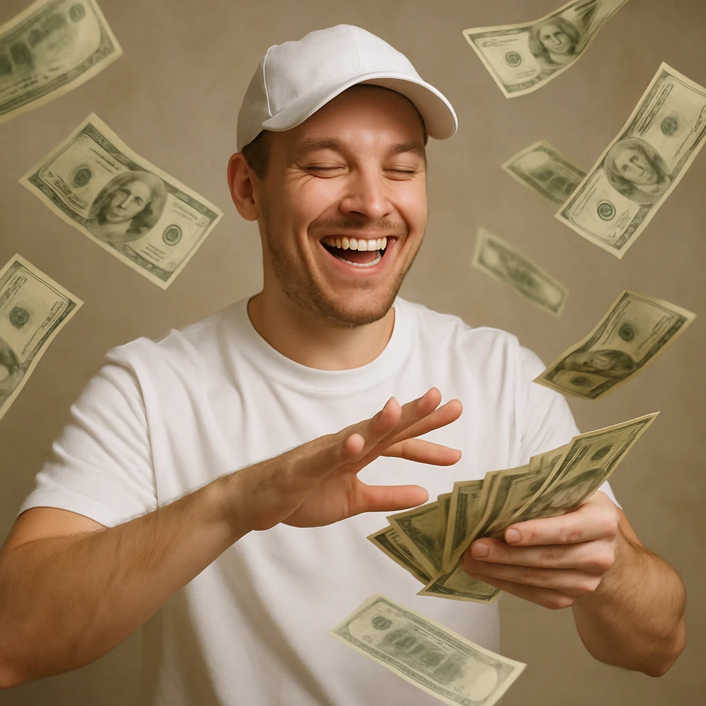 white man with a white cap playing with money, style 1 emoji