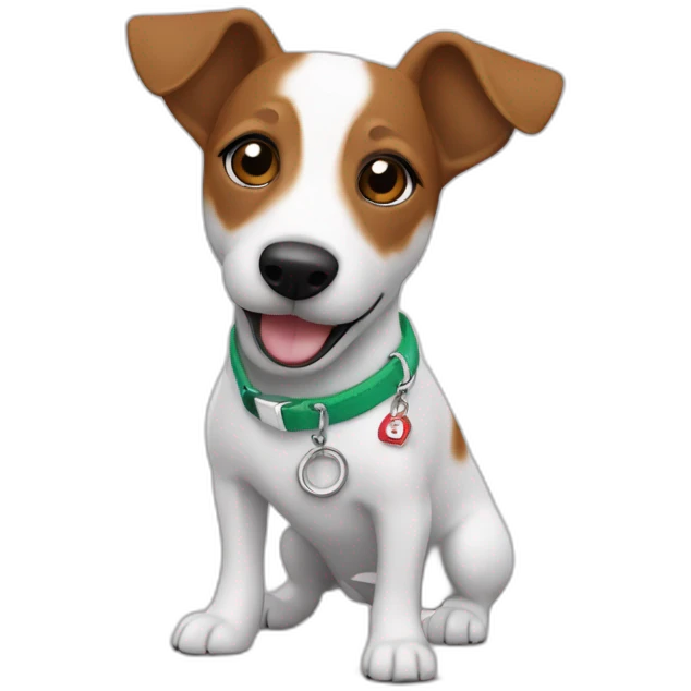 jack russel with a keychain that says” Kokos” emoji