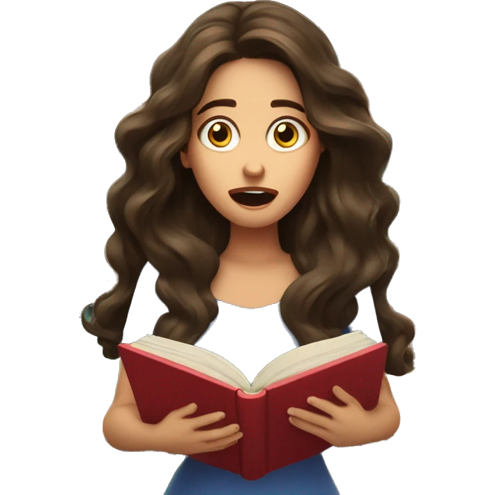 brunette long wavy hair woman shocked face while holding and reading book emoji
