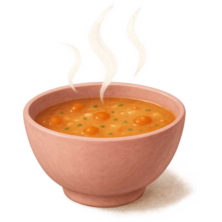 pink bowl of soup with steam, comforting emoji