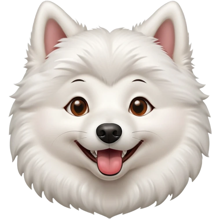 white American Eskimo dog with happy expression. mouth is open with tongue visible and tips of canine teeth visible. ruff is in a heart shape. eyes are almond shaped with brown eyes and black rimmed eyes. emoji depicts the head and ruff of the dog. dog is a girl  emoji