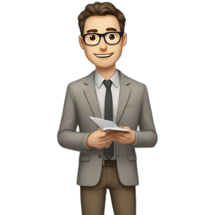 Pale skinned fit man with dark brown hair in gray jacket, beige office shirt, brown tie, brown pants and vintage glasses Writing text on the flipchart emoji