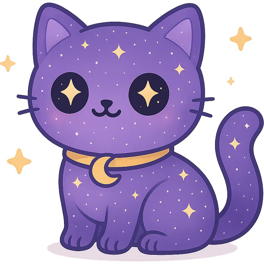 Remove the background, keep the adorable purple galaxy gothic cat with crescent moon collar and transparent background, no background visible. emoji