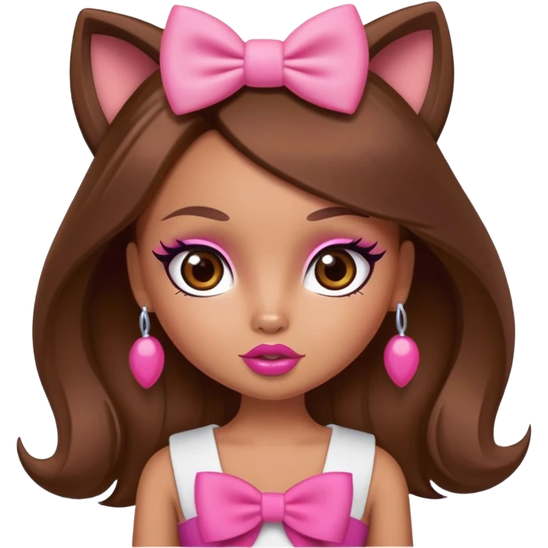 Bratz doll character with brown hair, pink bow, big lips, and foxy eyes emoji