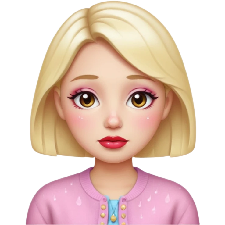 “Emoji girl, dewy skin, heavy blush across cheeks and nose bridge, glossy cherry lips, soft eyeliner, teary sparkling eyes, pastel cardigan.” emoji
