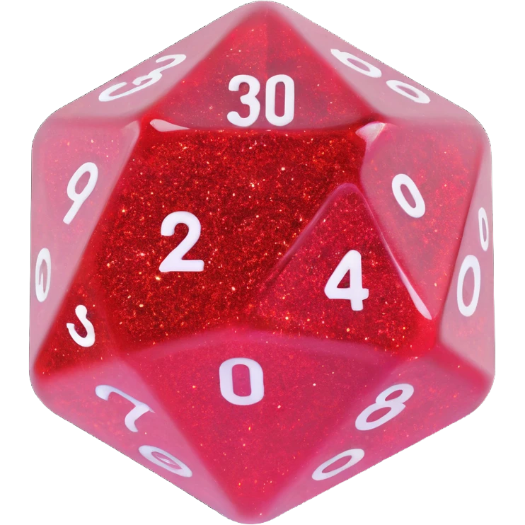 translucent d20 die with glitter emoji