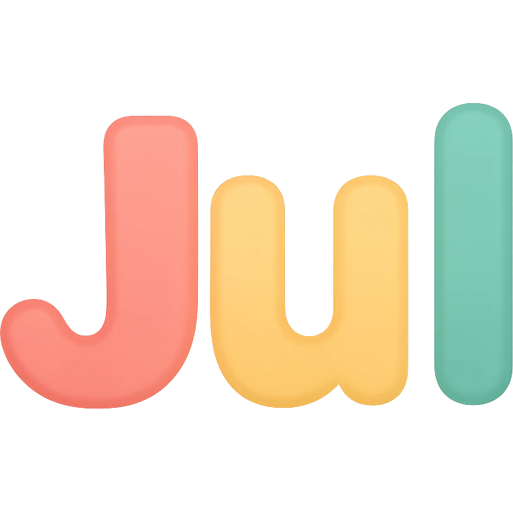 the word 'Jul' in a playful, colorful icon style, with soft edges and a fun vibe emoji