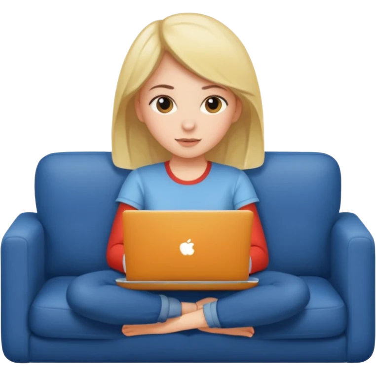 A girl is working with a laptop while lying on the sofa emoji