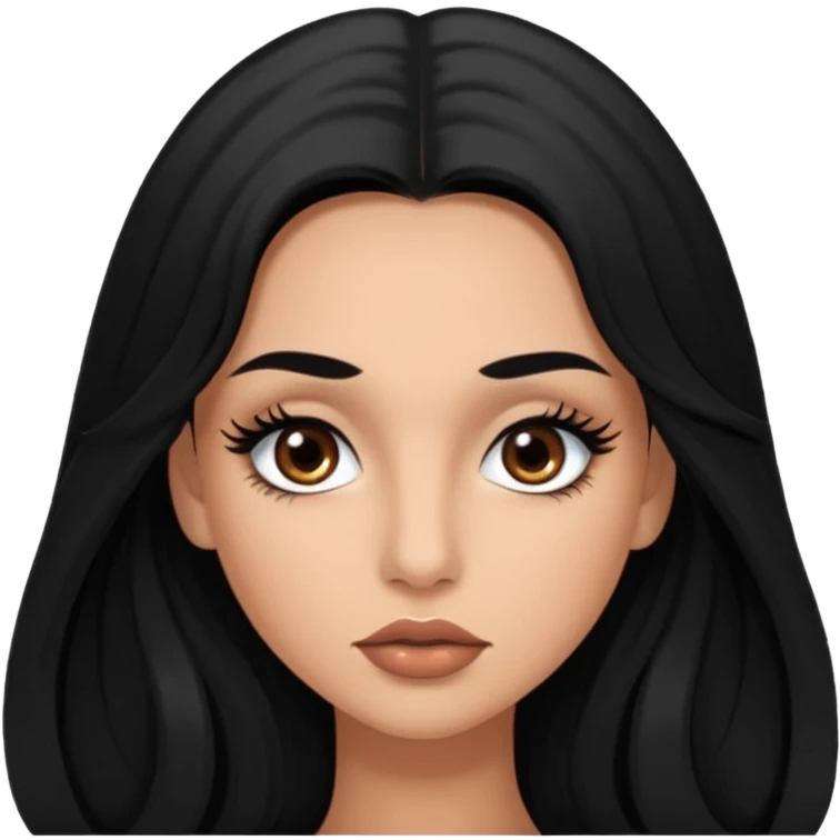 Lightly tan woman with black long hair brown eyes full lips and dramatic long dark eyelash extensions and a small mole on her upper left cheek emoji