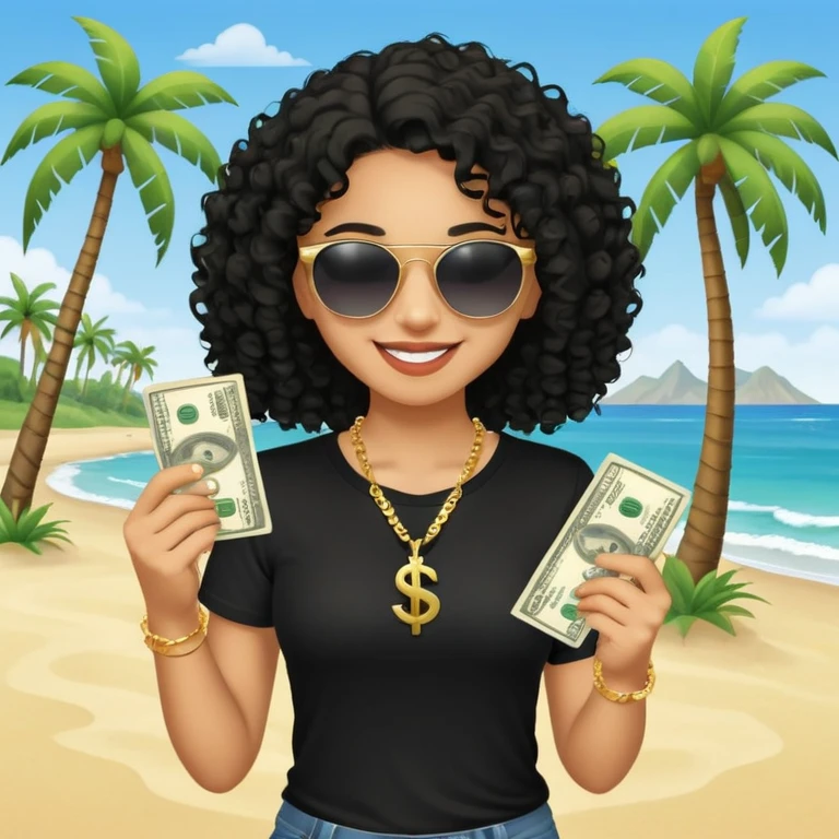 Mixed-race person with curly hair smiling, wearing black t-shirt, necklace and sunglasses, holding dollar bills in both hands, at beach with palm trees emoji