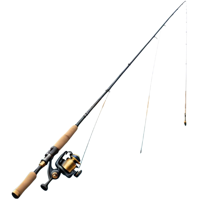 Cinematic Realistic Fishing Rod, sleek graphite rod with a smooth, polished reel, thin line disappearing into a shimmering lake, warm golden sunlight reflecting off the water, glowing with a tranquil and adventurous aura. emoji