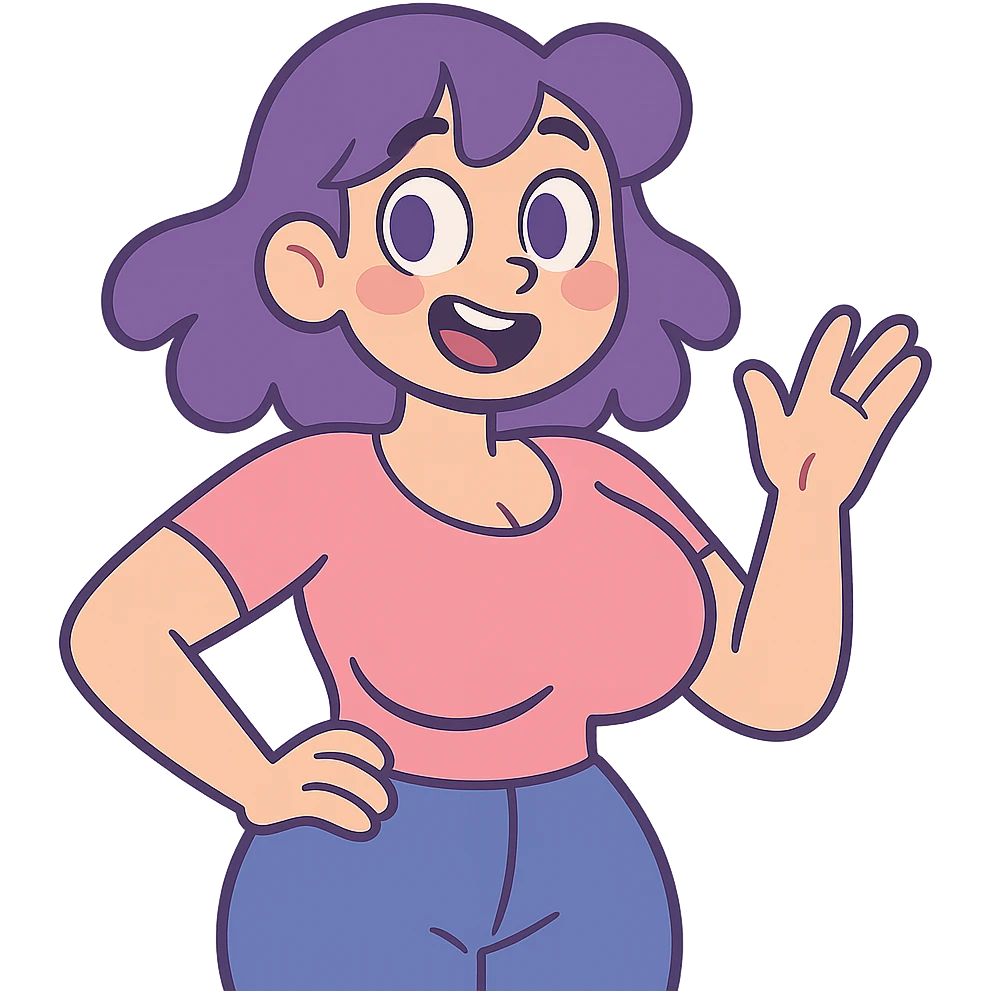 girl with large chest, purple hair, purple eyes emoji