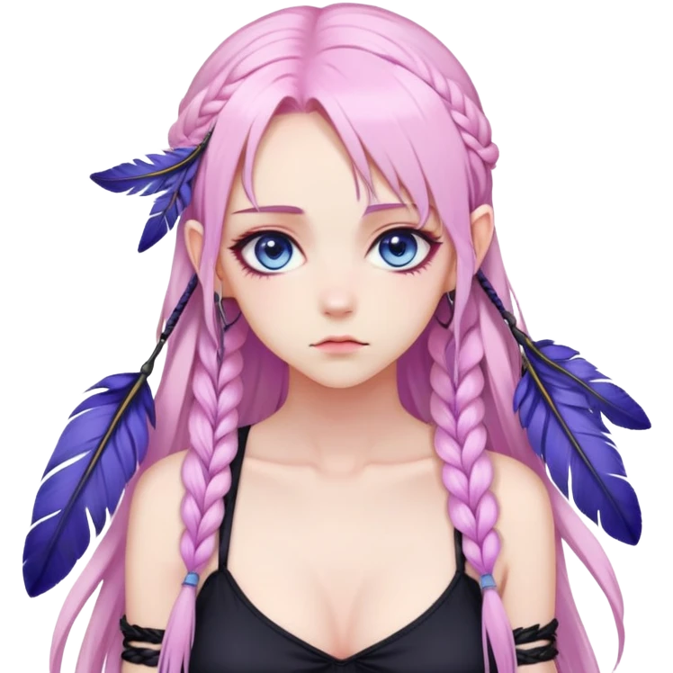 Gorgeous beautiful pretty grumpy anime lady long-pale-pastel-pink-hair with one braid on each side, hanging purple-pink feather-ear-cuffs in hair, black bodysuit, blue eyes, pink iris, ethereal, fashion aesthetic  emoji