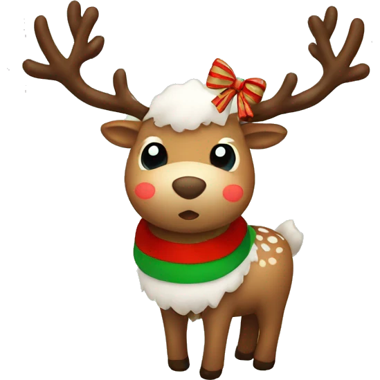 fluffy cute reindeer with a red and green striped bow emoji