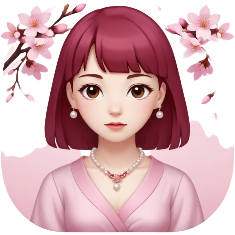 woman with pale skin, soft pink blushed cheeks, brown eyes, skinny eyebrows, dark red hair with bangs, hair is long under her shoulders, a sakura hairpin in one side, pearl necklace, makeup with light pink colours in douyin style, white shirt under a pink dress emoji