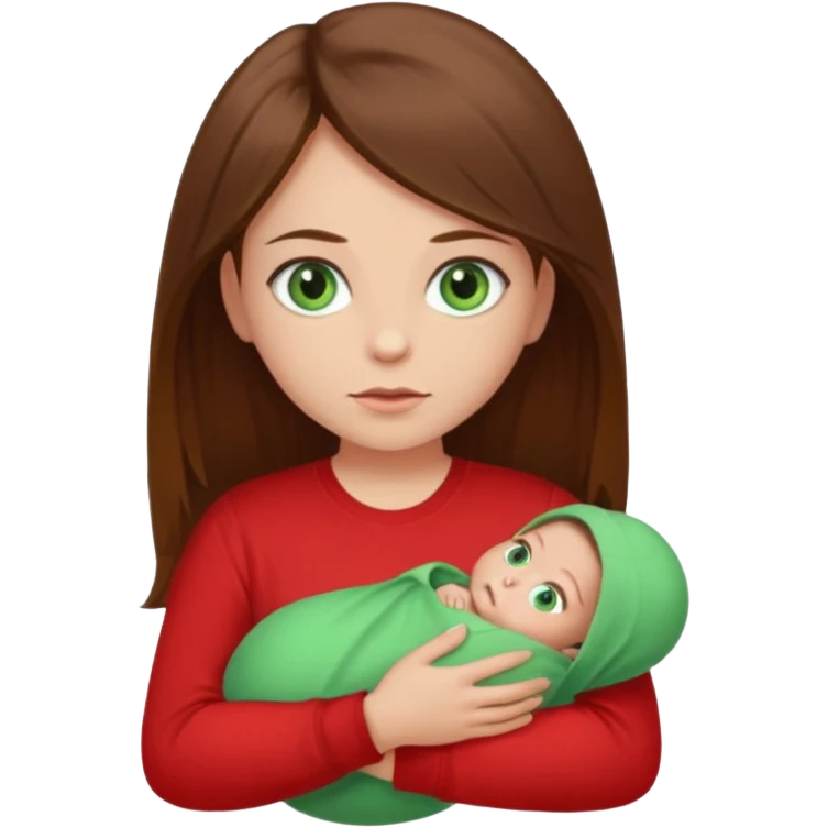 a girl with brown strait hair and has baby green eyes has a red t-shirt no baby emoji