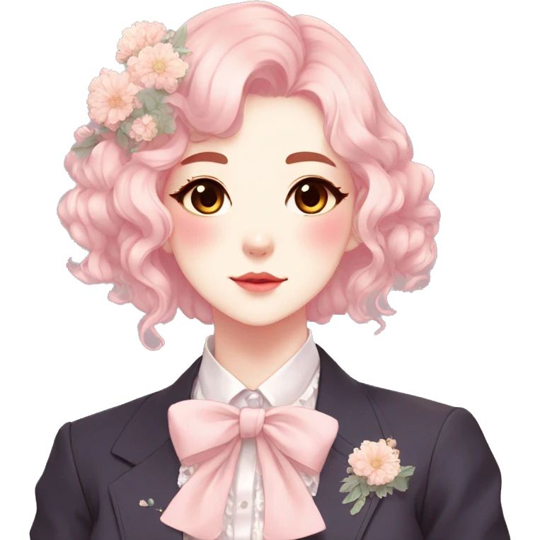 Gorgeous pastel anime style lady with blushing face and flowers and laces and bow ties and pretty hair aesthetic trending style emoji