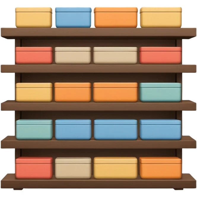 "Minimalist Japanese shelf display, products aligned identically across horizontal rows, vertically varied by type, clean spacing, precise symmetry, soft neutral lighting, aesthetic composition, highly organized, front-facing packages, ultra-detailed." emoji