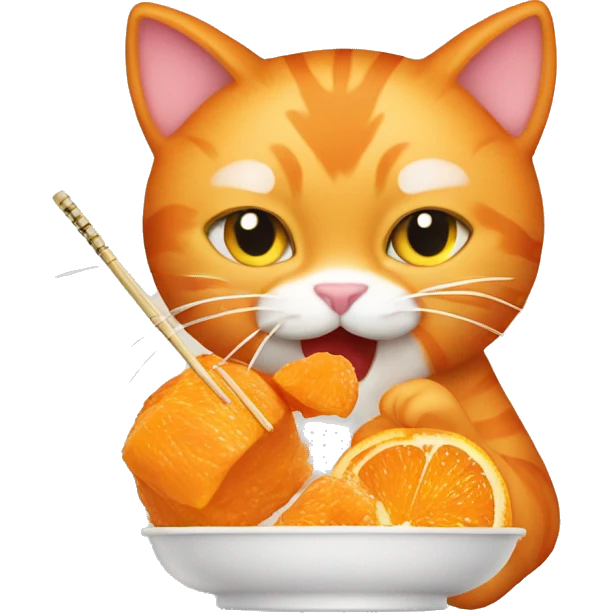 Orange cat eating orange chicken Chinese take out with chopsticks emoji