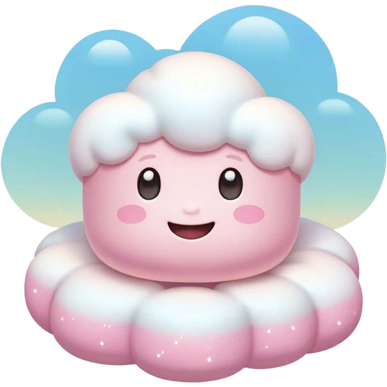 Cinematic fluffy pastel marshmallow character, soft round edges, tiny sparkly eyes, a small happy smile, glowing warmly, floating in a dreamy soft sky. emoji