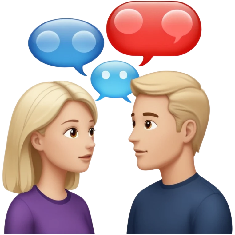 a person chatting up another person, one white male, one white woman facing each other talking with speech bubbles above their head emoji