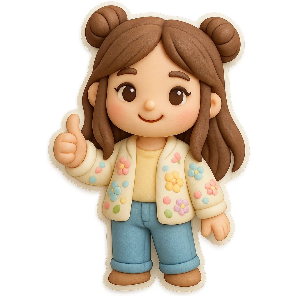 3D chibi fondant cake art style, high-quality rendering with smooth shadows and soft gradients. Girl based on reference image, preserve facial features, long brown hair in two space buns, brown eyes, jeans, pastel floral cardigan, thick white outline like a sticker, transparent background. Thumbs up, happy expression, consistent appearance with previous stickers. emoji