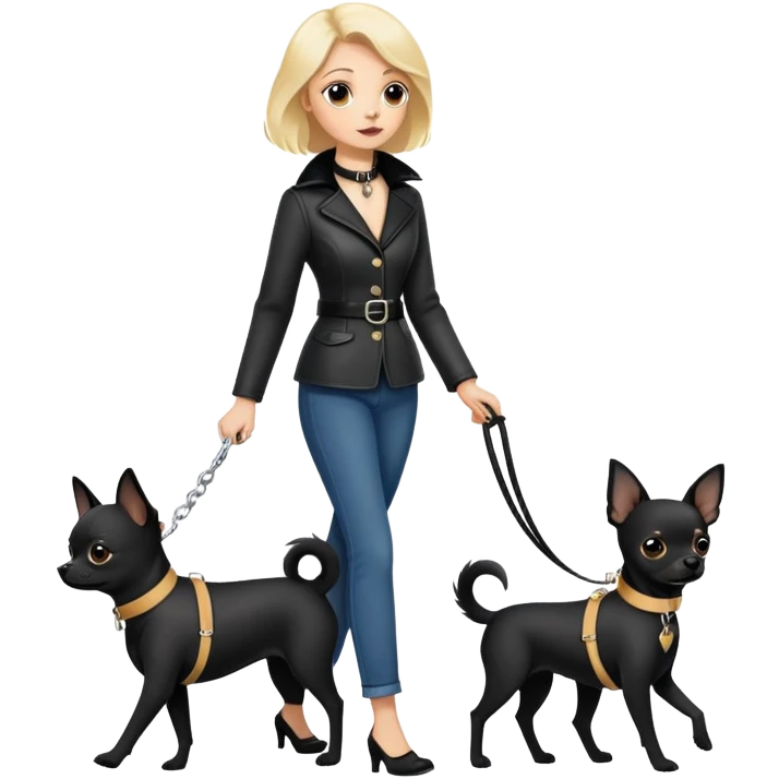 Lady wearing a leash getting walked by a black Chihuahua emoji