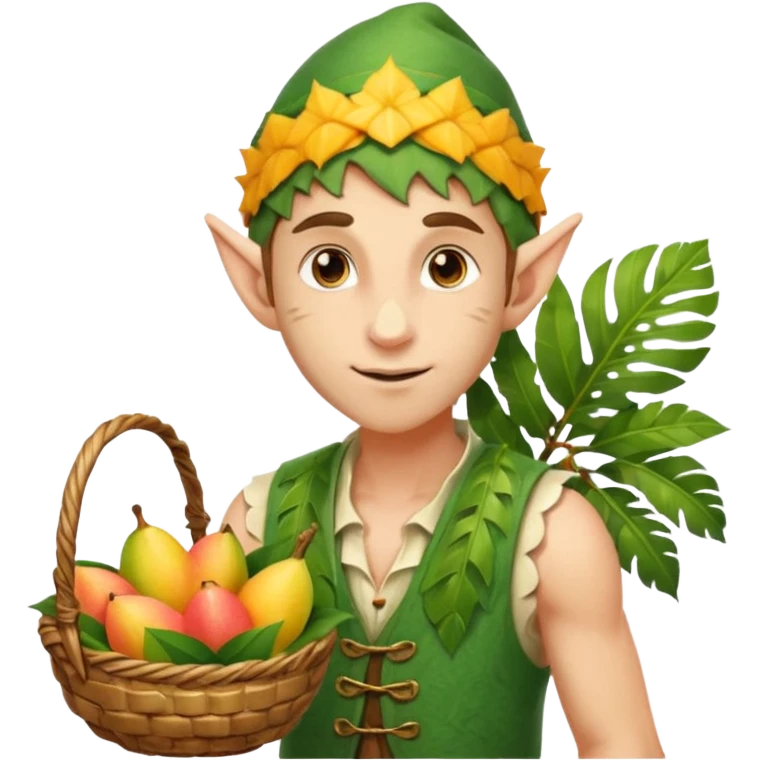elf male Sleeveless vest with palm-leaf print, basket of exotic fruits (mango/lychee), sunburned nose. emoji