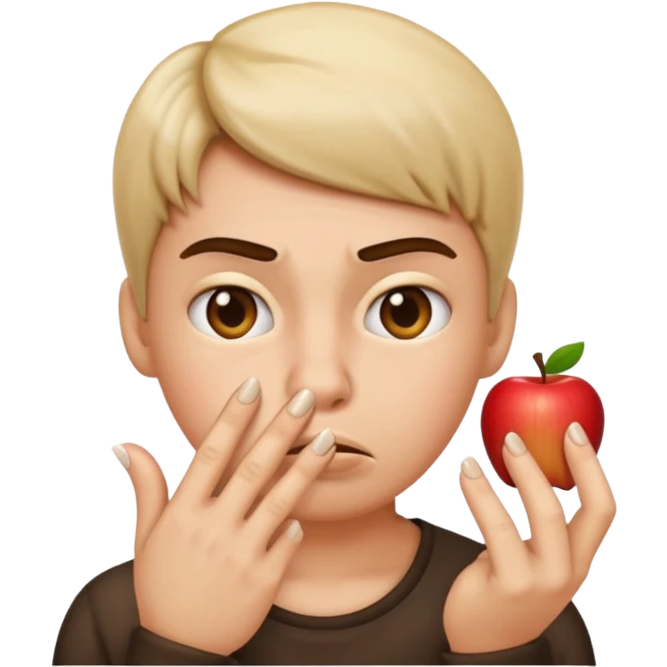 emoji with displeased face, smelling its fingernails, focus on nails, apple emoji style emoji