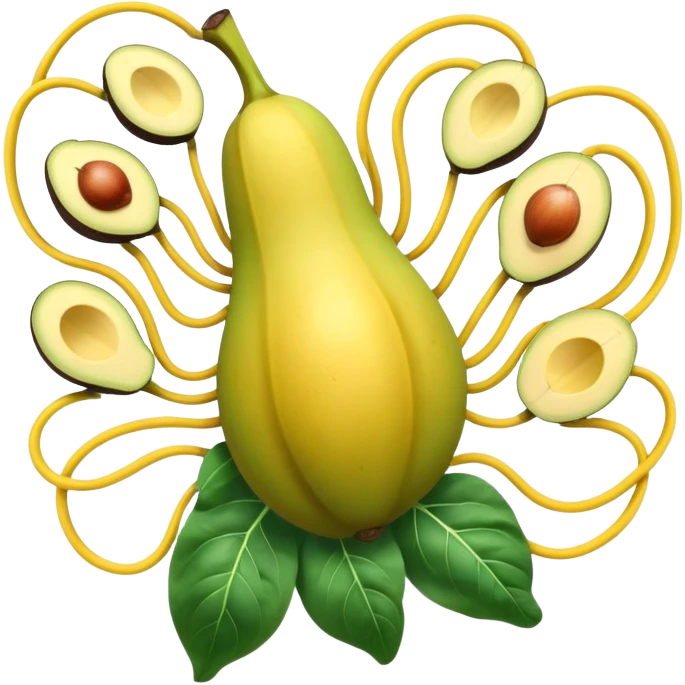 Golden banana, avocado, potatoes and spinach floating around a glowing nervous system and heart. Electrical waves connect these potassium-rich foods to nerves, heart and muscles, showing how potassium supports electrical stability and fluid movement in the body. emoji