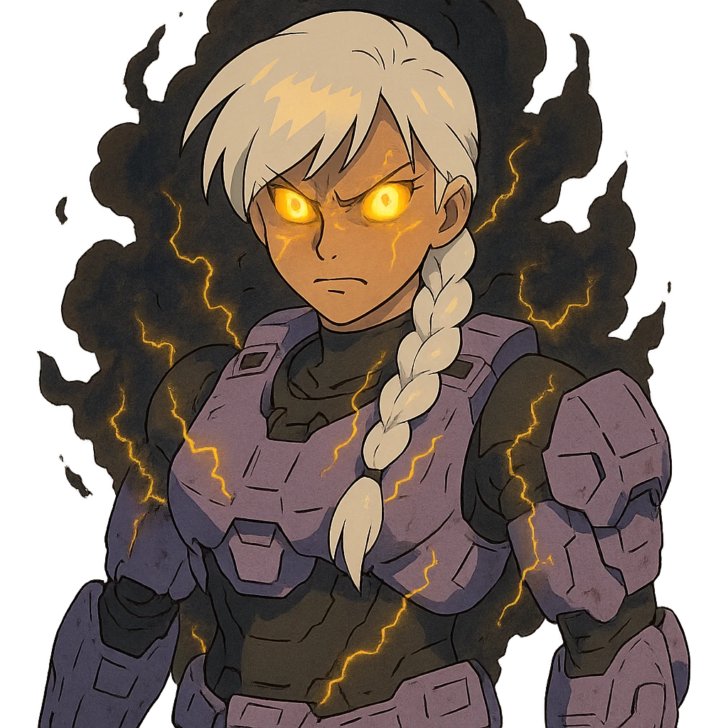 female, wearing reach spartan armor shoulder-unequip, long white braid hair with massive messy front side single bangs, gold yellow eyes, attention pose, D-cup size, HALO:series, no helmet, the armor is lavender color scheme, eyes glowing, demon eye, gleam, rage aura, body steaming dark gray, gold electricity, mouth clowed scowling emoji