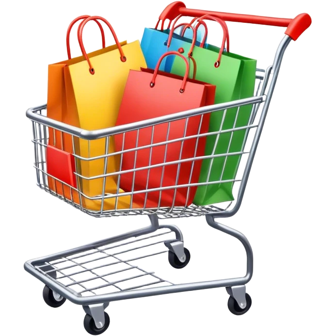 3 multicolored shopping bags in a shopping cart emoji