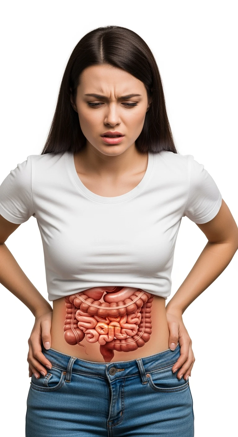 UNA DONNA REALISTICA con mal di pancia, INTESTINO ANATOMICO INFIAMMATO VISIBILE, MAL DI PANCIA, posa frontale, ISOLATA SU SFONDO BIANCO, IPERREALISTICA 4K emoji