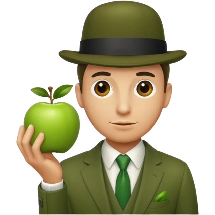 homme en costume chapeu melon, grosse pomme verte devant visage emoji