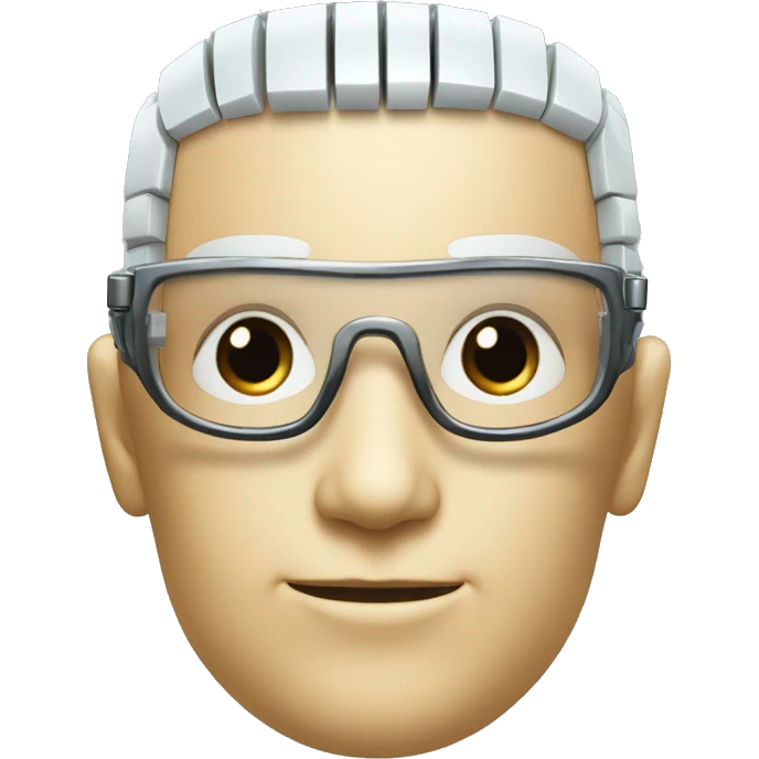 Robotic Cyborg head with fair skin, flat top haircut, rectangular glasses, circuits and smiling  emoji
