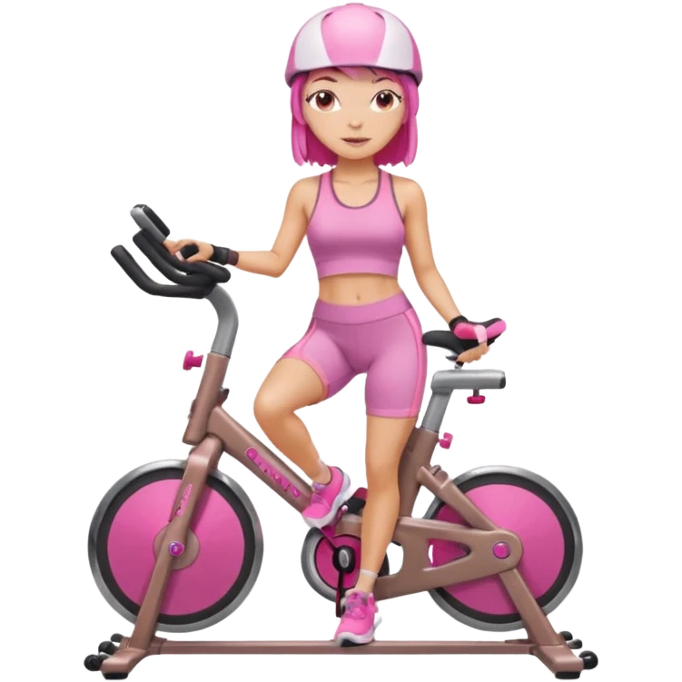 Light tan girl with a brown bob hat style with pink highlights in a pink workout set leaning on a indoor cycle bike, no helmet but add pink hair highlights  emoji