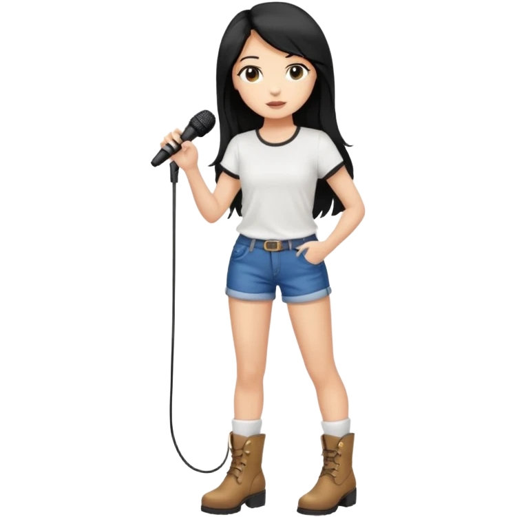 Crie uma cantora morena charmosa de shortes top e bota com microfone branca e cabelo preto emoji