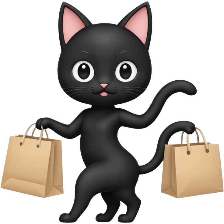 A cute chibi-style black cat emoji in side view like 🏃, running on two legs while holding a shopping bag. Short limbs, small body proportions (SD character style), round head, big expressive eyes, minimalist emoji design, soft colors, vector look. emoji